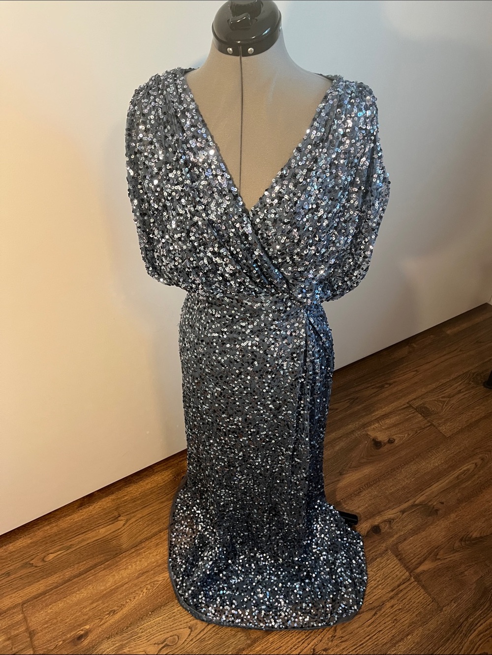 Mac Duggal Steel Blue Sequin Draped V-Neck Gown